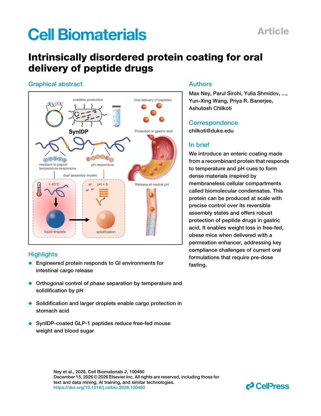 First page of the Cell Biomaterials paper — title, authors, graphical abstract and highlights.