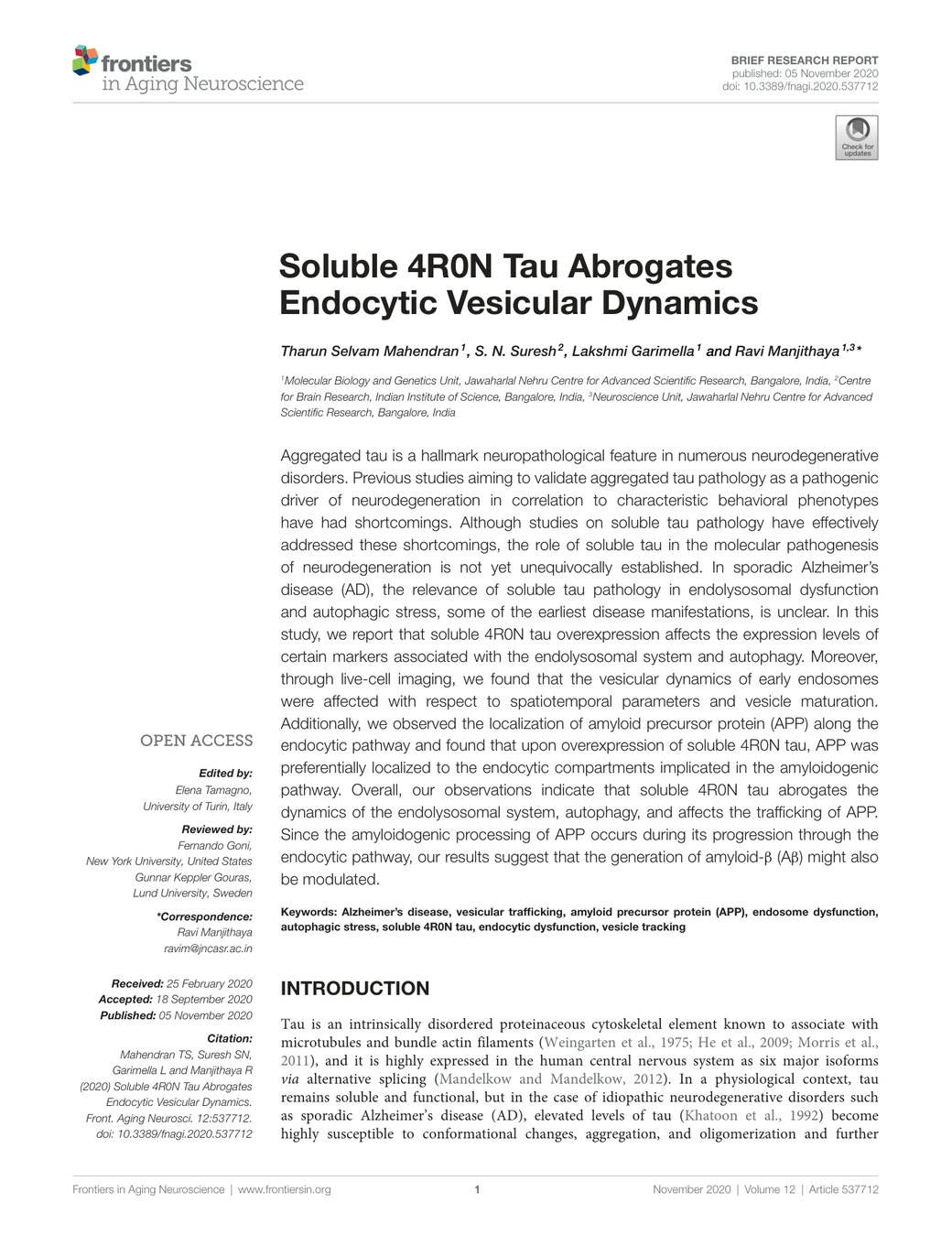 First page of the Frontiers in Aging Neuroscience paper — journal header, title, authors and abstract.